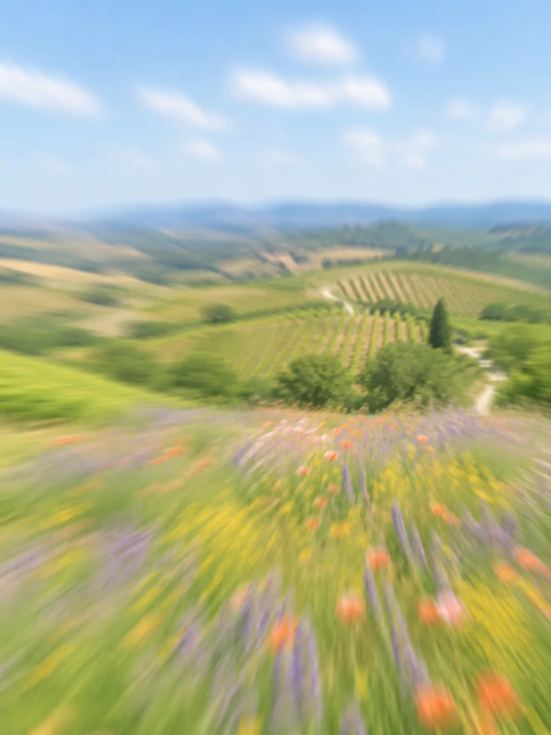 Blurred green foliage and blue sky captured with motion blur effect.